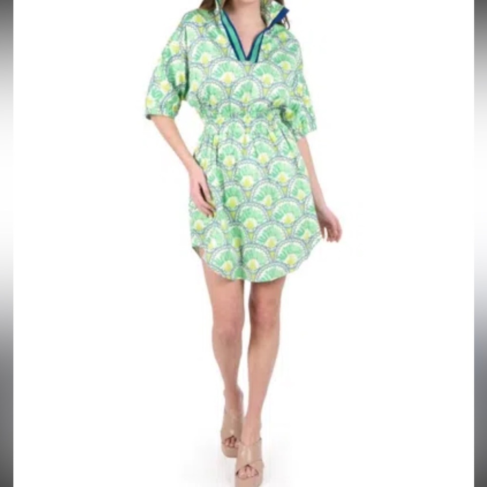 Emily McCarthy Palmer Deco Palm mini dress green blue small s cotton resortwear